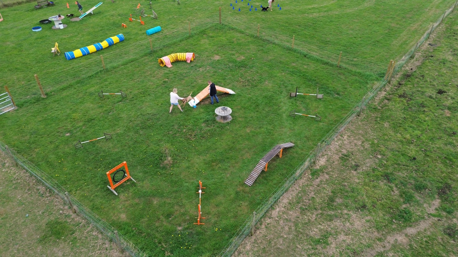 Aerial view of the agility course in use on the training field